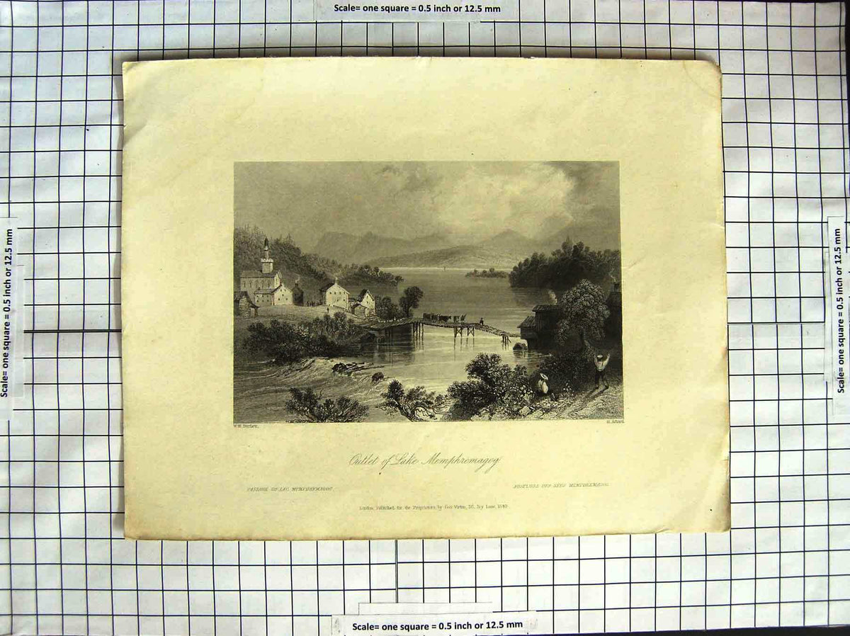 Original Old Antique Print 1840 Canada Bartlett Outlet Lake Memphremagog 19th