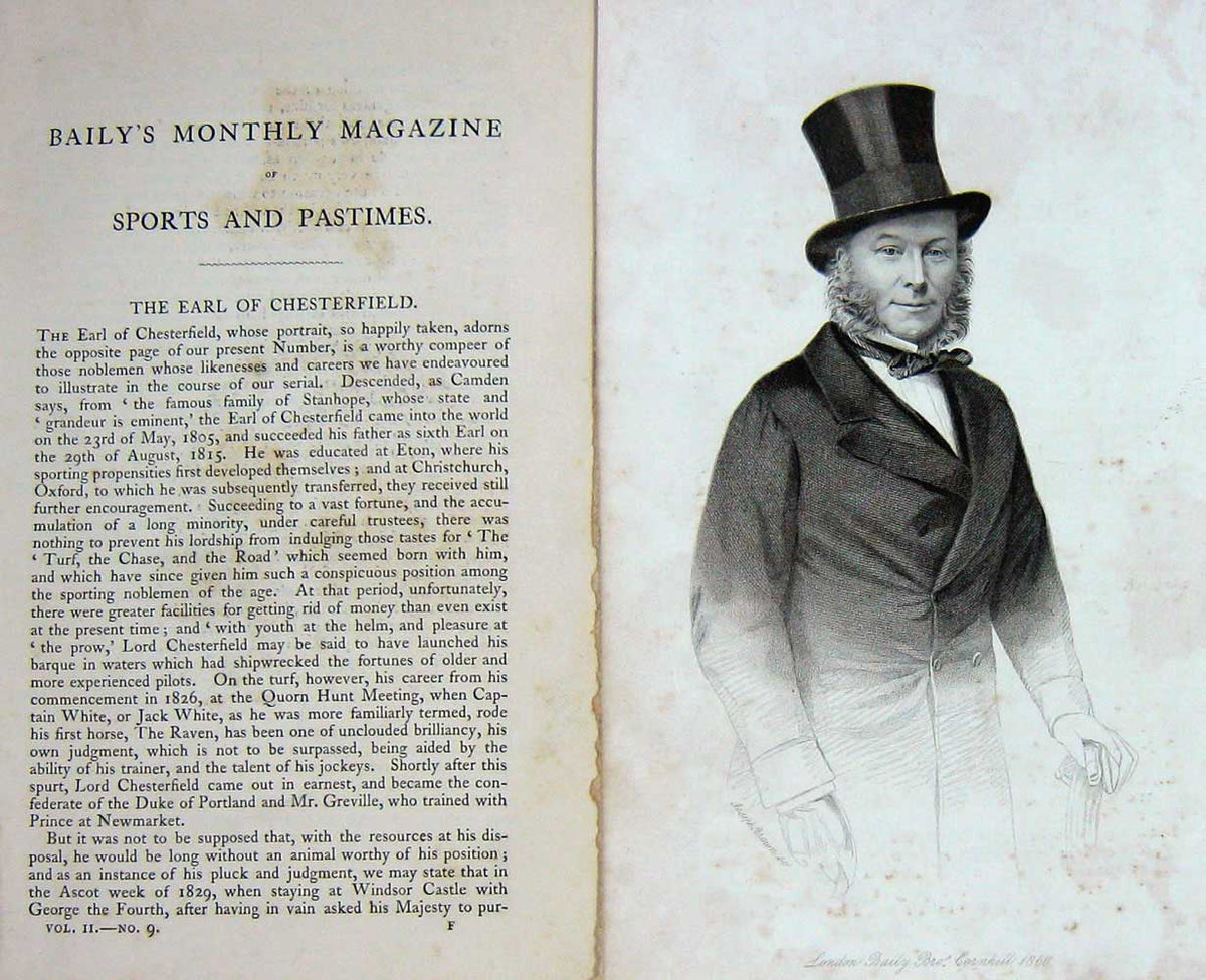 Original Old Antique Print 1860 Portrait Earl Chesterfield Sportsman Victorian