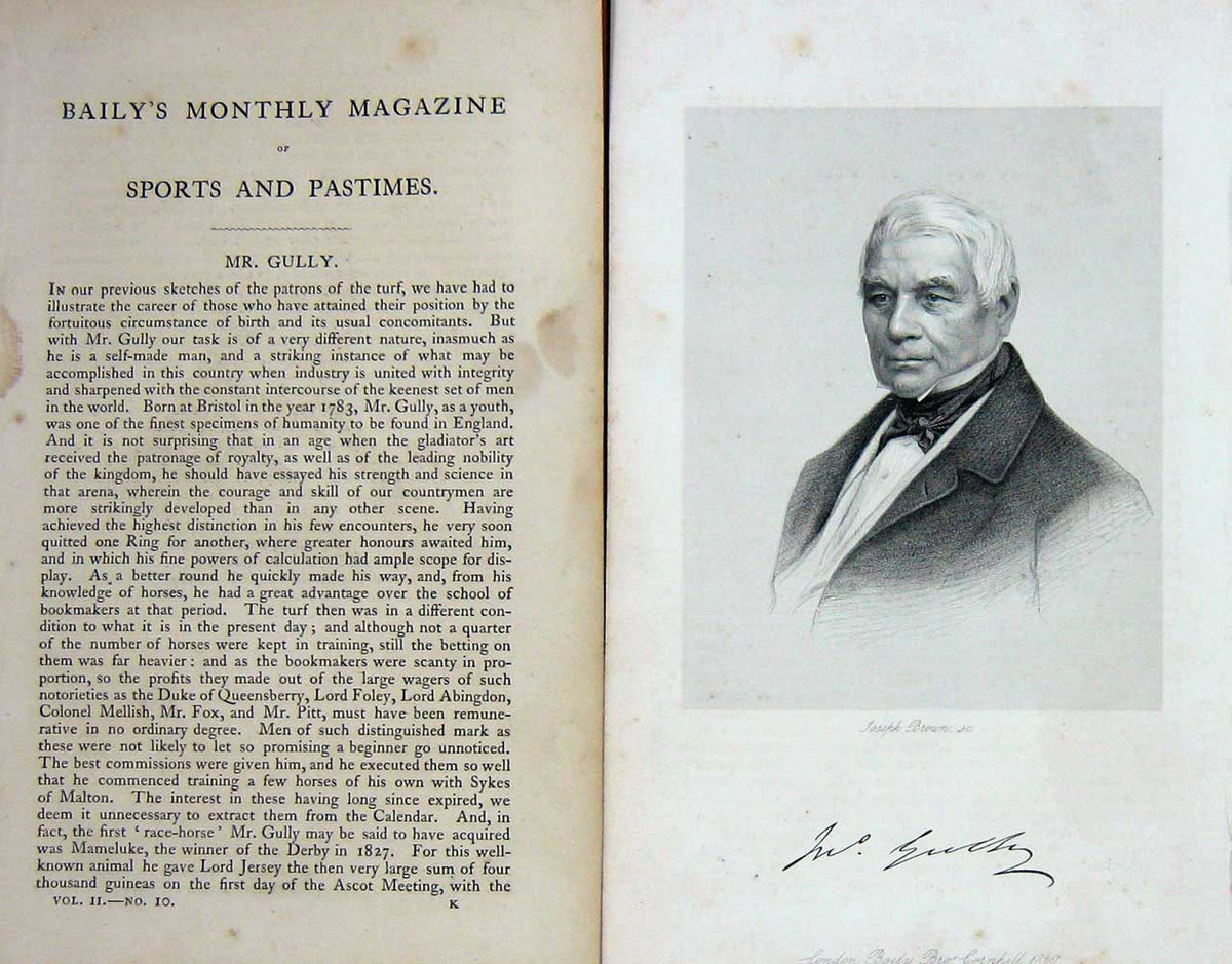 Original Old Antique Print 1860 Portrait Mr Gully Sportsman Baily Text 19th