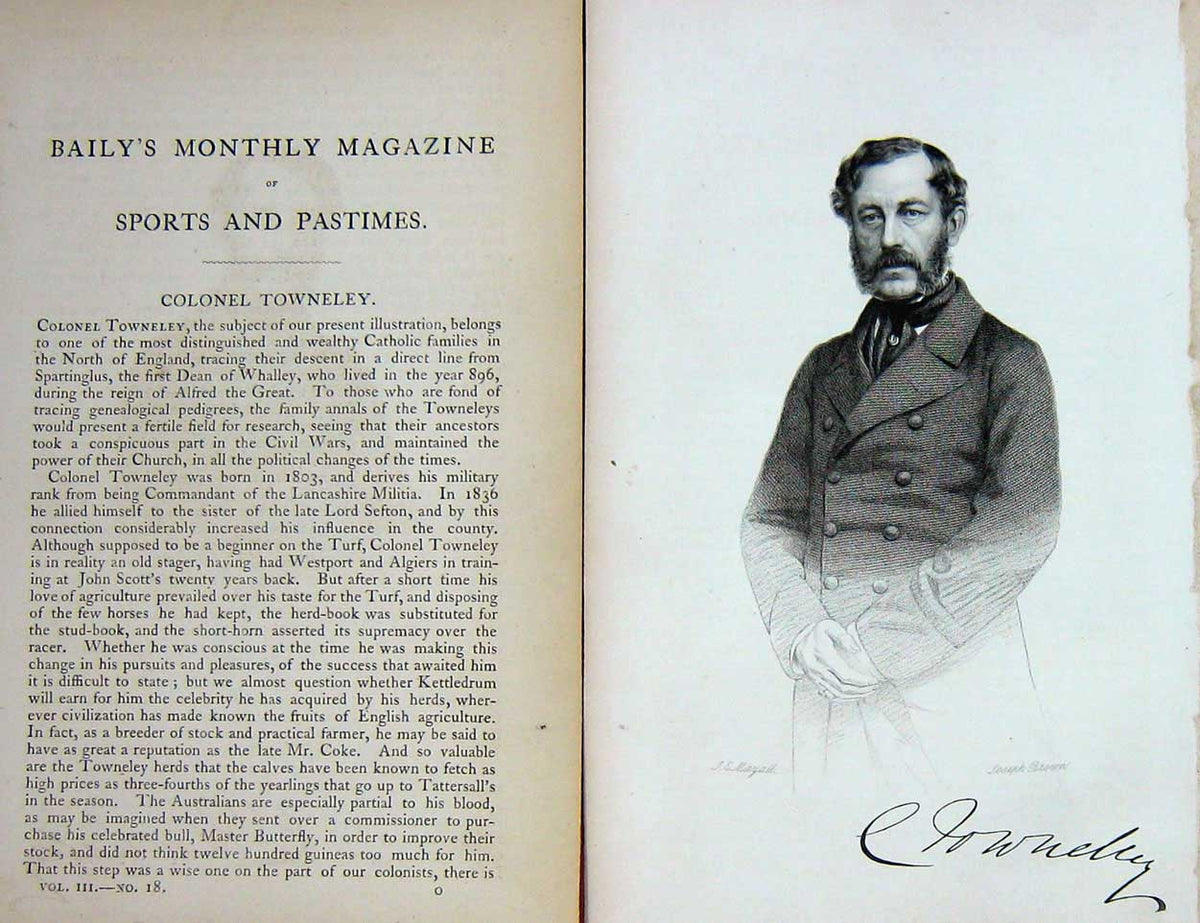Original Old Antique Print 1861 Portrait Colonel Towneley Sportsman Victorian