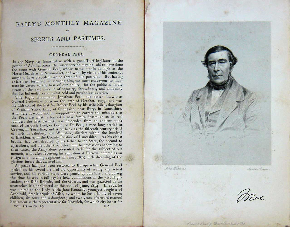 Original Old Antique Print 1861 Portrait General Peel Jonathan Sportsman 19th