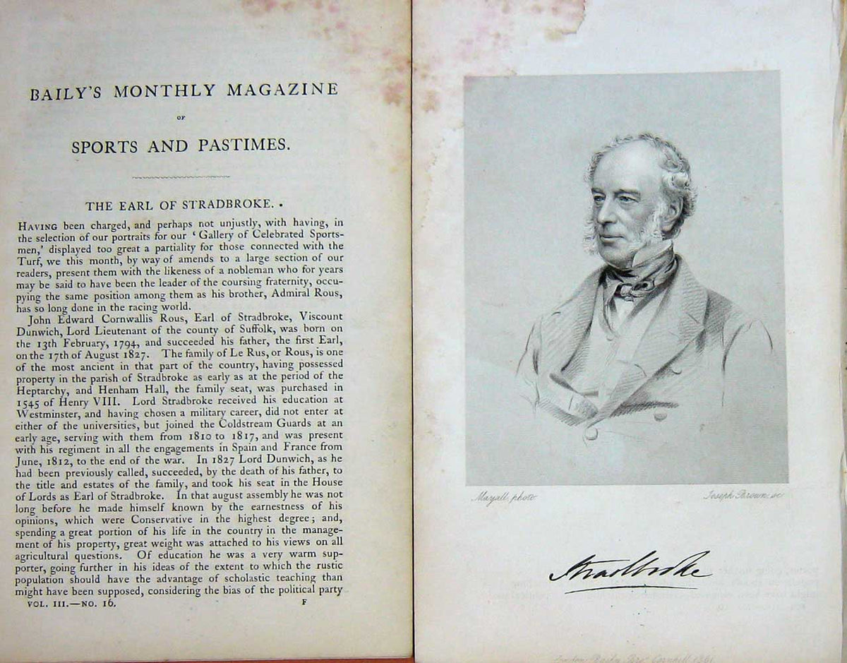 Original Old Antique Print 1861 Portrait Earl Stradbroke John Rous Sport 19th