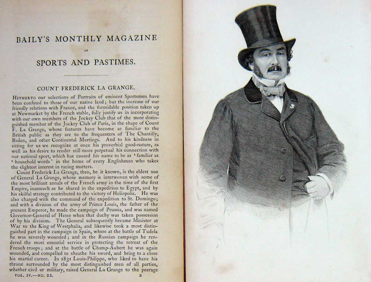 Original Old Antique Print 1861 Portrait Count Frederick La Grange Sports 19th