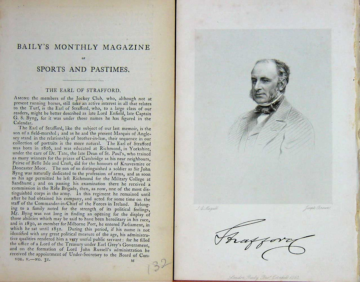 Original Old Antique Print 1862 Portrait Earl Strafford Jockey Club Sport 19th