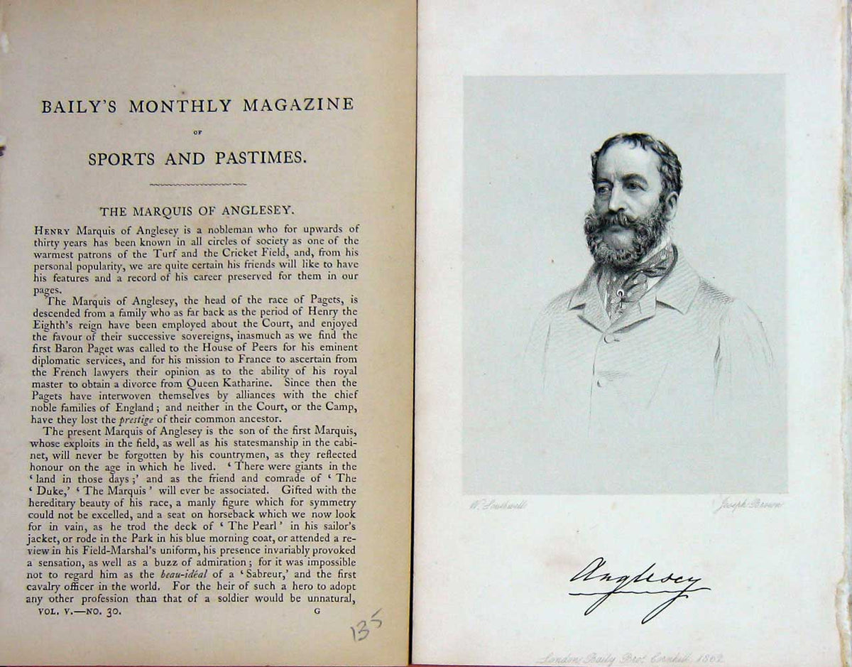 Original Old Antique Print 1862 Portrait Marquis Anglesey Nobleman Sport 19th