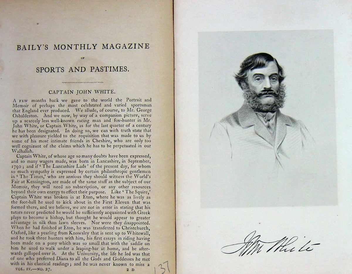 Original Old Antique Print 1862 Portrait Captain John White Sportsman Victorian