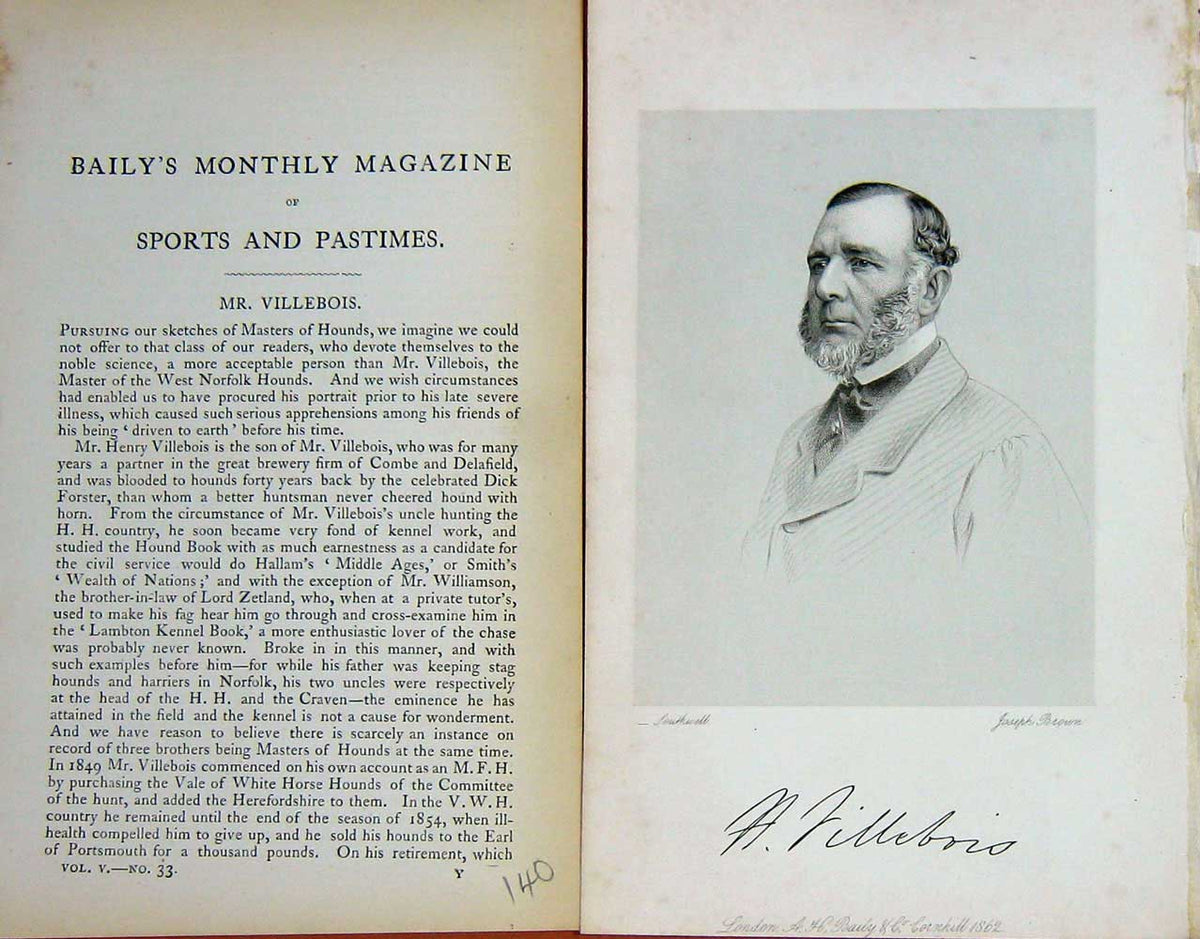Original Old Antique Print 1862 Portrait Mr Villebois Norfolk Hounds Sport 19th