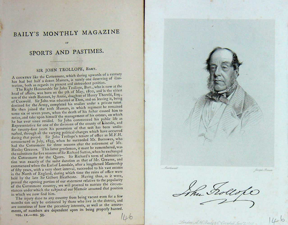 Original Old Antique Print 1864 Portrait Sir John Trollope Sportsman Victorian