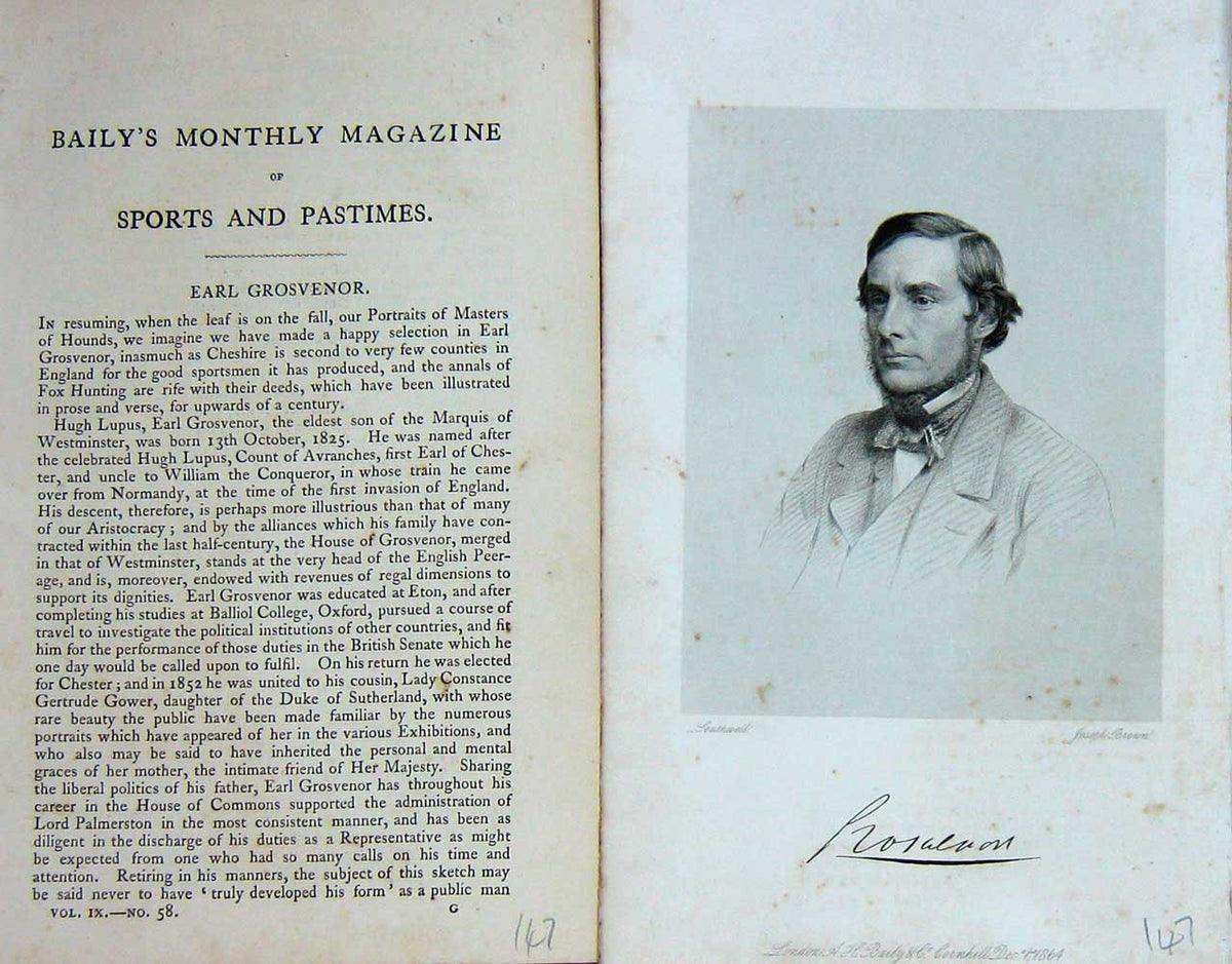 Original Old Antique Print 1864 Portrait Earl Grosvenor Hugh Lupus Sport 19th