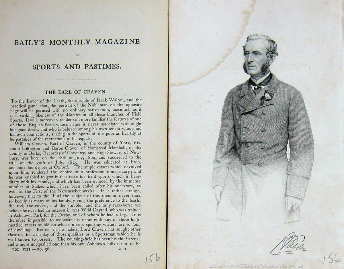 Original Old Antique Print 1866 Portrait Earl William Craven Sportsman 19th