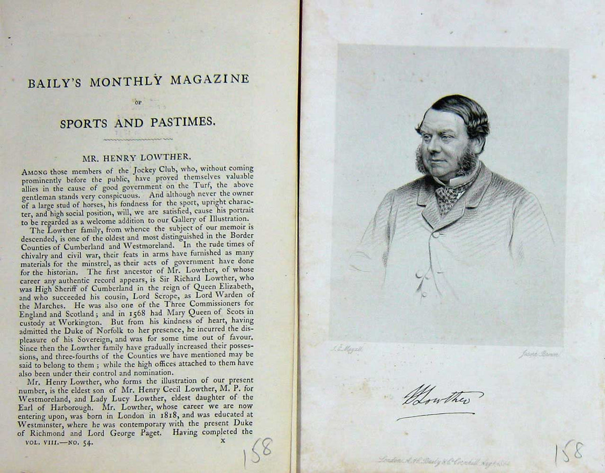 Original Old Antique Print 1866 Portrait Mr Henry Lowther Jockey Club Victorian