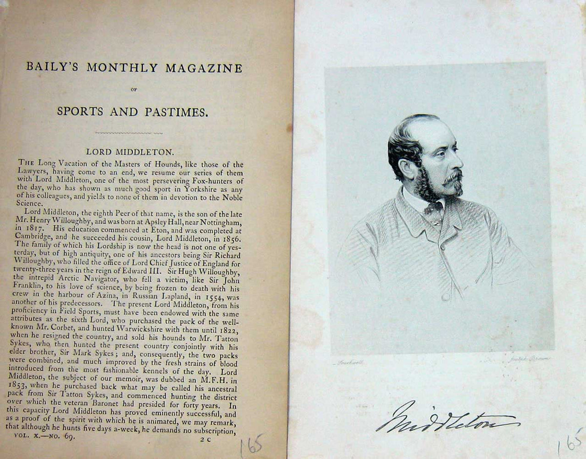 Original Old Antique Print 1866 Portrait Lord Middleton Masters Hounds 19th