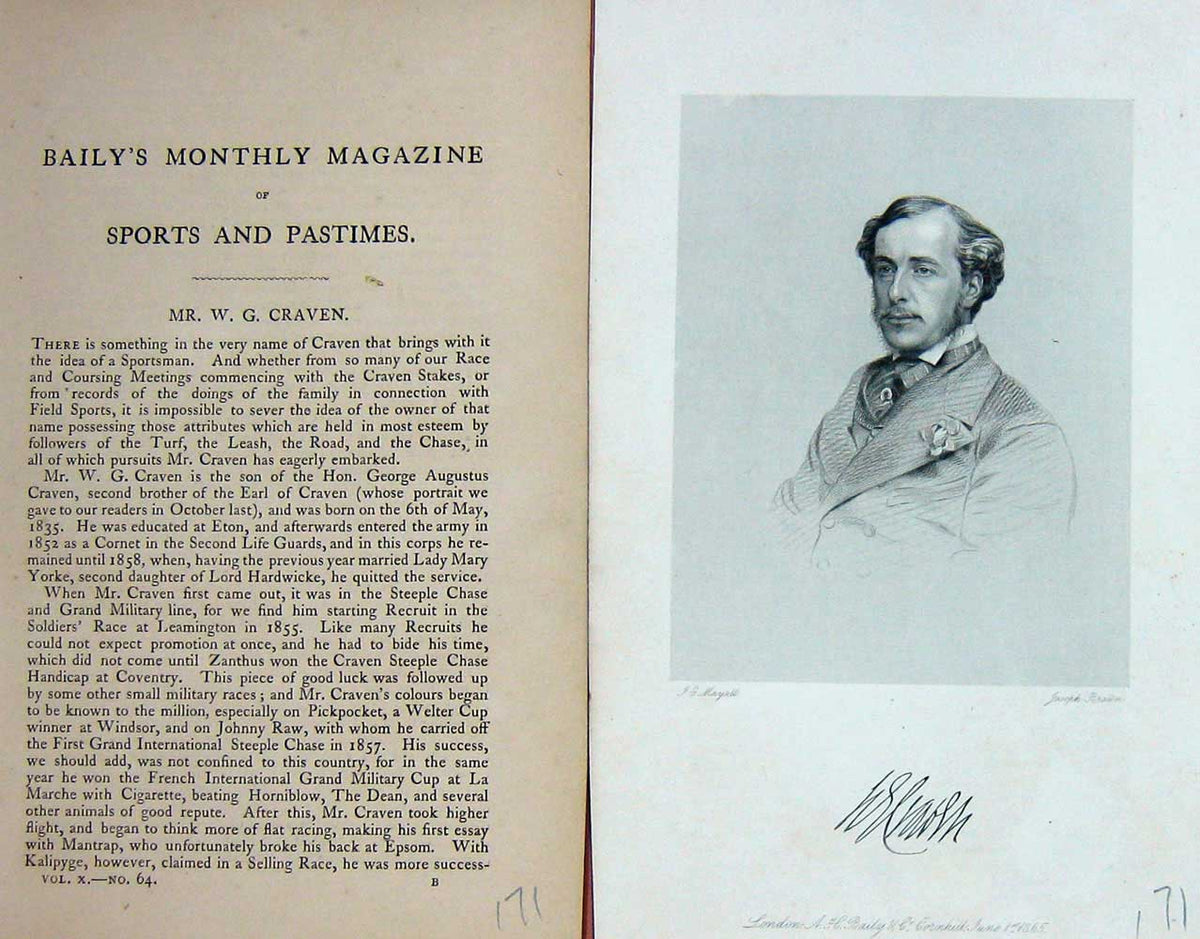 Original Old Antique Print 1866 Portrait Mr W G Craven Sportsman 19th