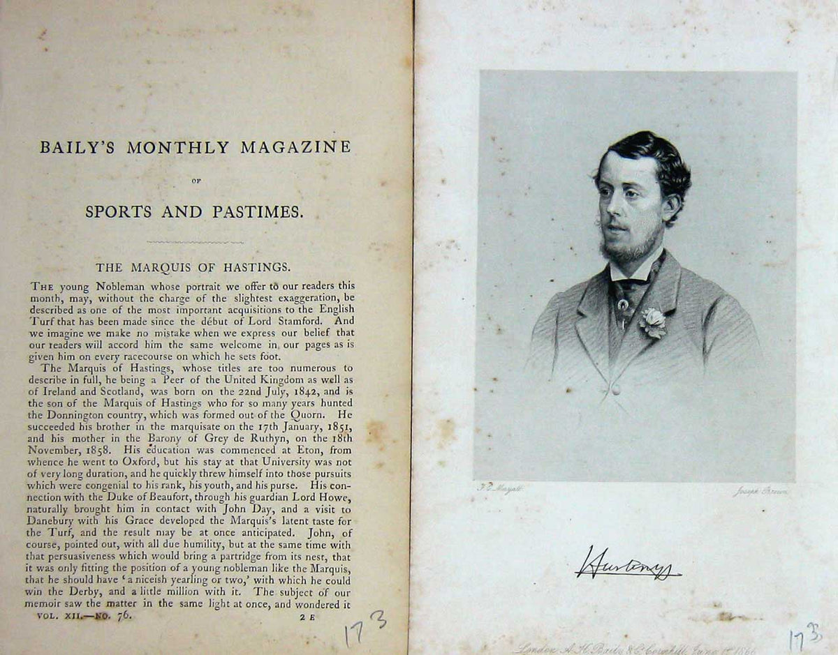 Original Old Antique Print 1866 Portrait Marquis Hastings Nobleman Sport 19th
