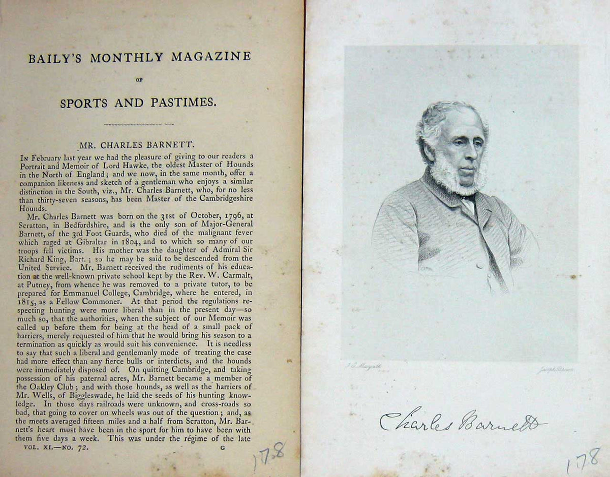 Original Old Antique Print 1866 Portrait Mr Charles Barett Master Hounds 19th