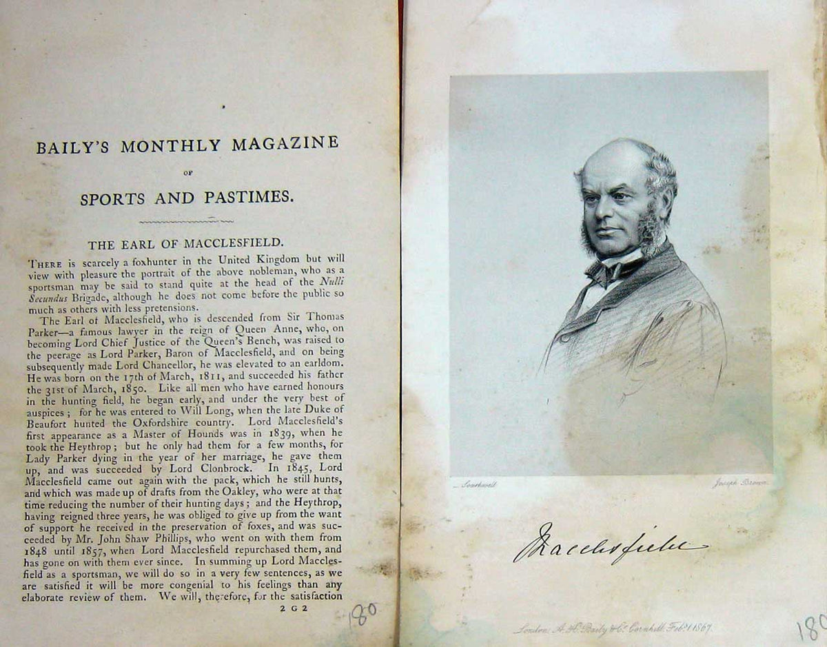 Original Old Antique Print 1867 Portrait Earl Macclesfield Foxhunter Victorian