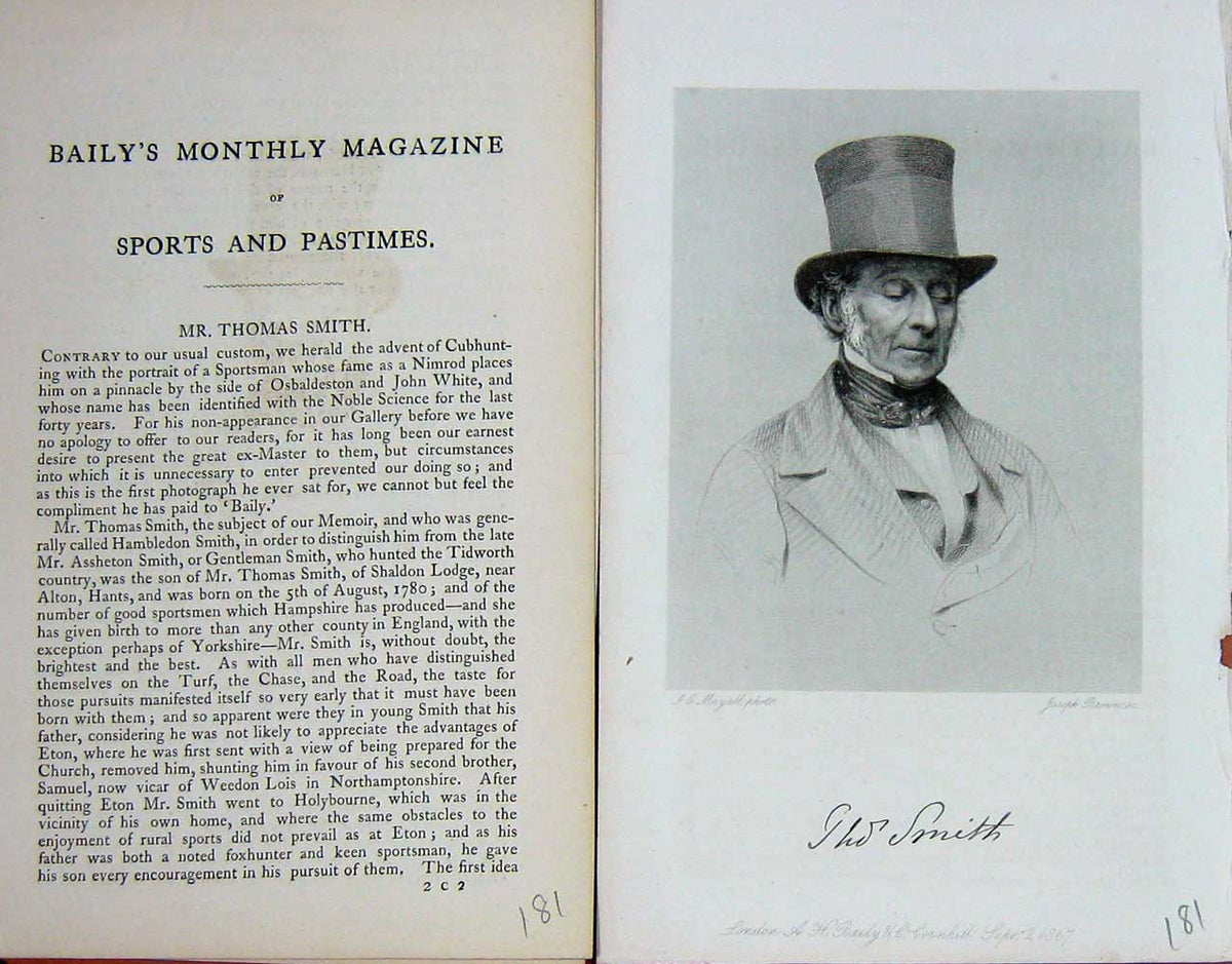 Original Old Antique Print 1867 Portrait Mr Thomas Smith Cubhunting Victorian