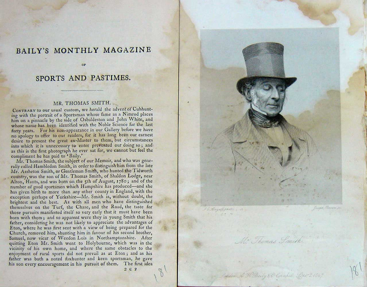 Original Old Antique Print 1867 Portrait Mr Thomas Smith Cubhunting Sport 19th