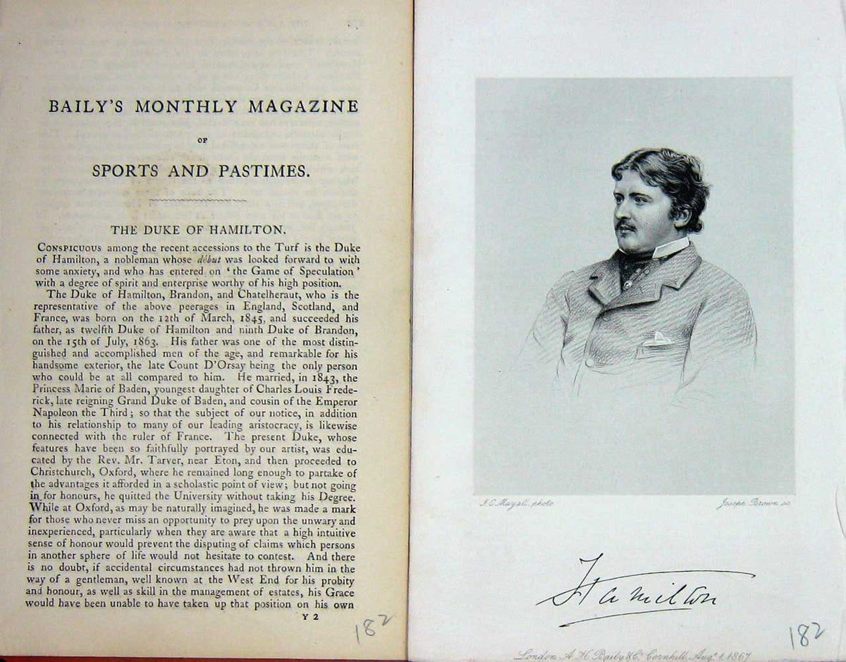 Original Old Antique Print 1867 Portrait Duke Hamilton Sportsman 19th