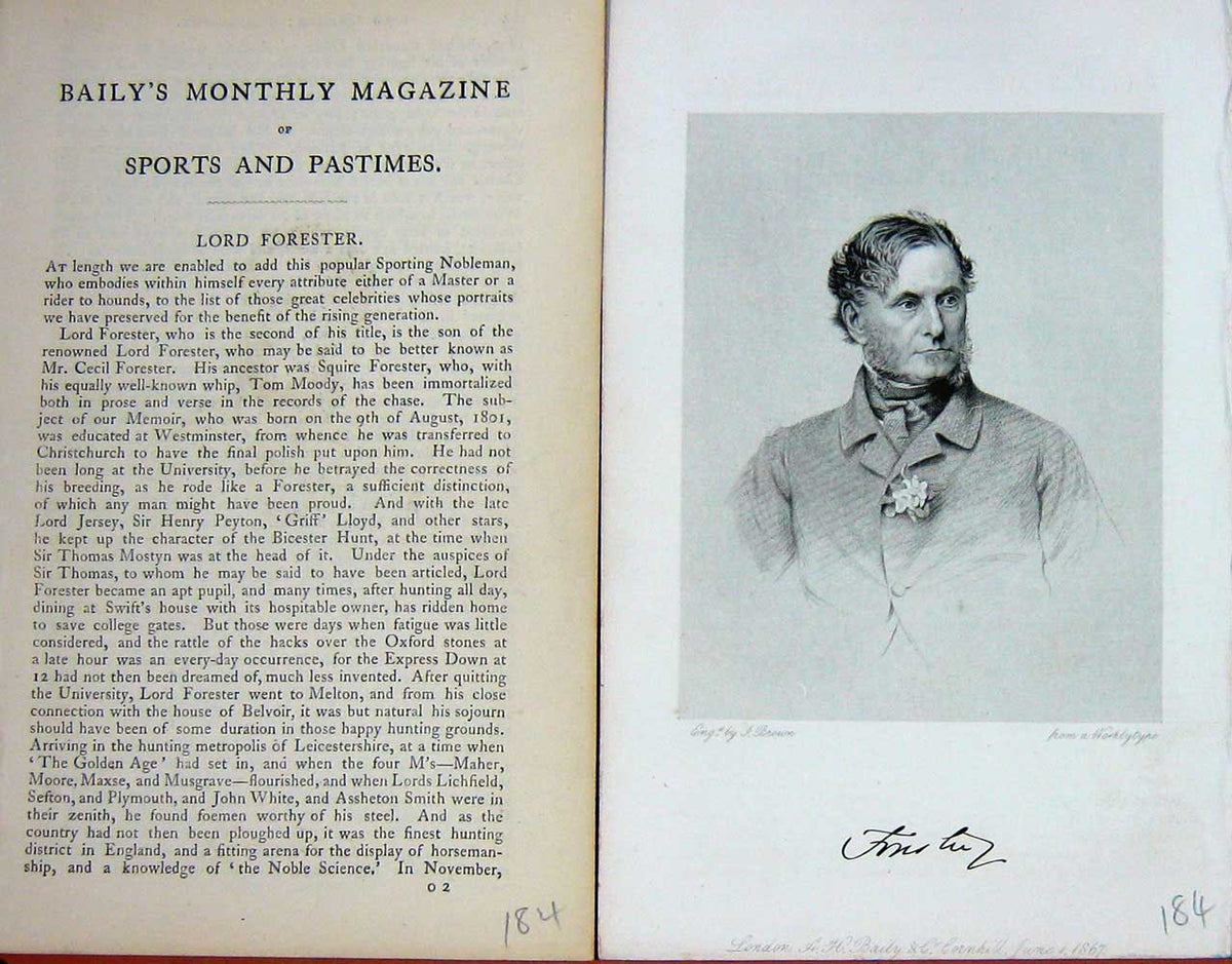 Original Old Antique Print 1867 Portrait Lord Forester Cecil Sportsman 19th