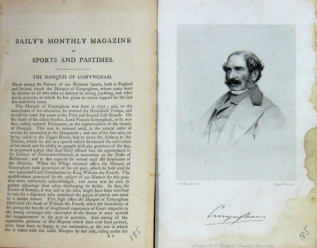 Original Old Antique Print 1867 Portrait Marquis Conyngham Sportsman Victorian