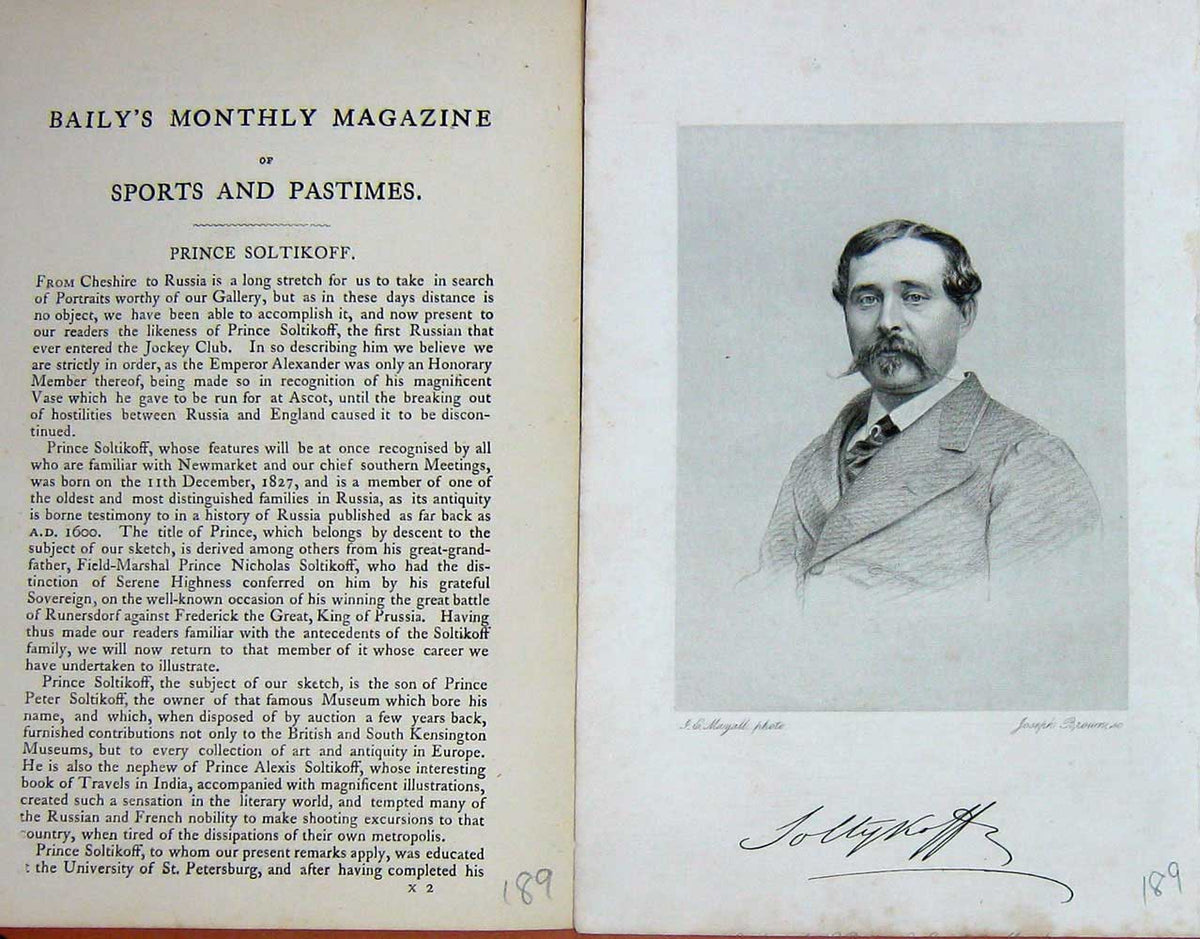 Original Old Antique Print 1868 Portrait Prince Soltikoff Jockey Club Victorian