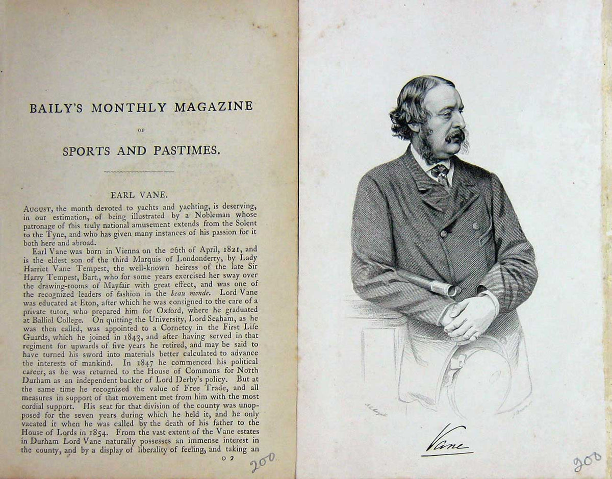 Original Old Antique Print 1868 Portrait Earl Vane Yachting Sportsman Victorian