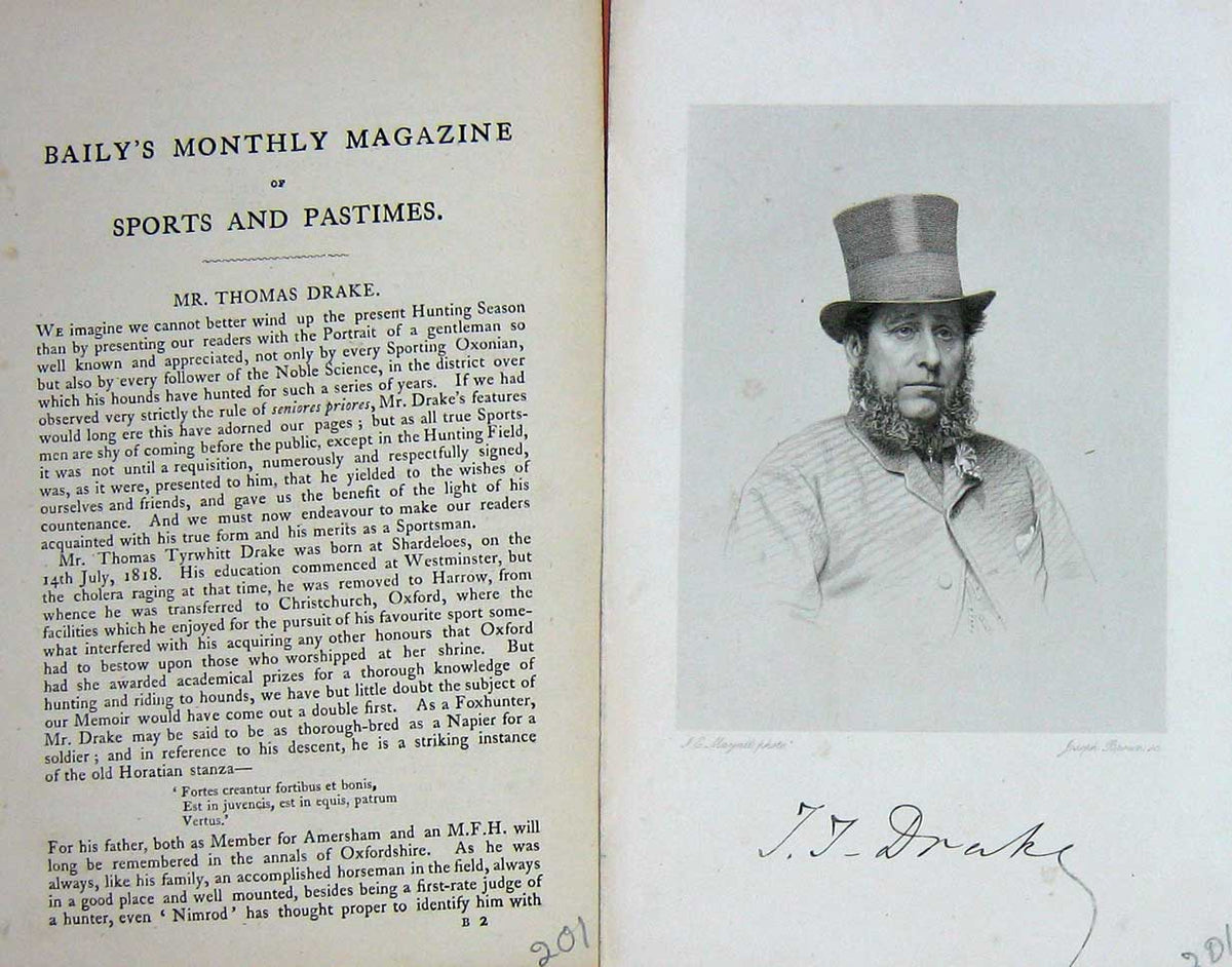 Original Old Antique Print 1868 Portraitmr Thomas Drake Hunting Sportsman 19th