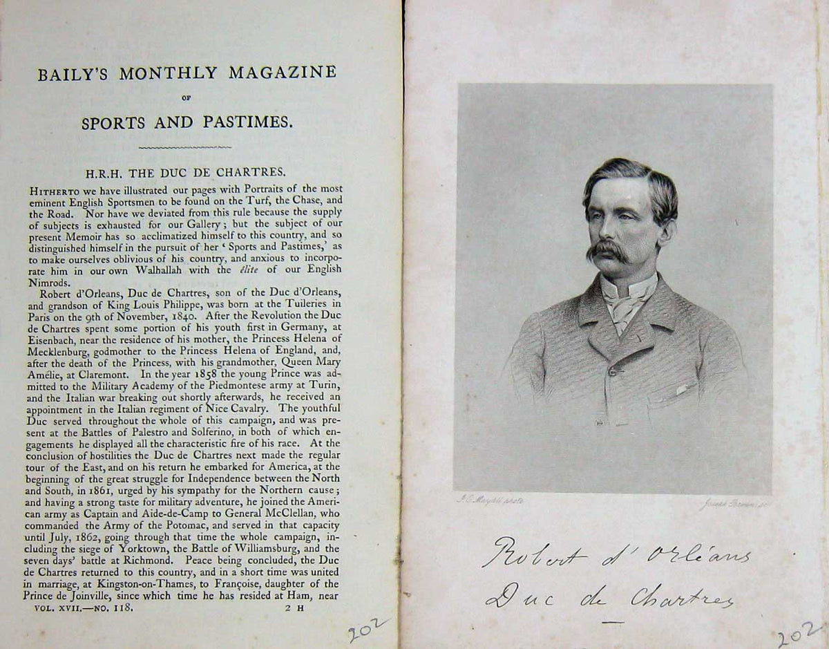 Original Old Antique Print 1869 Portrait H.R.H Duc Chartres Sportsman Victorian