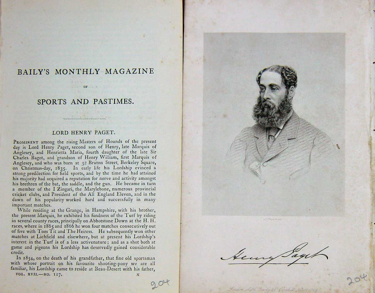 Original Old Antique Print 1869 Portrait Lord Henry Paget Master Hounds 19th