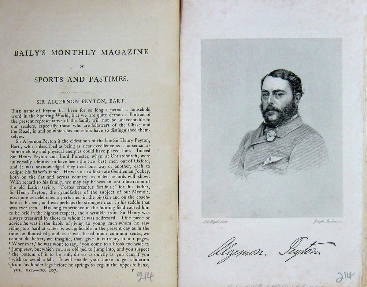 Original Old Antique Print 1869 Portrait Sir Algernon Peyton Bart Sport 19th