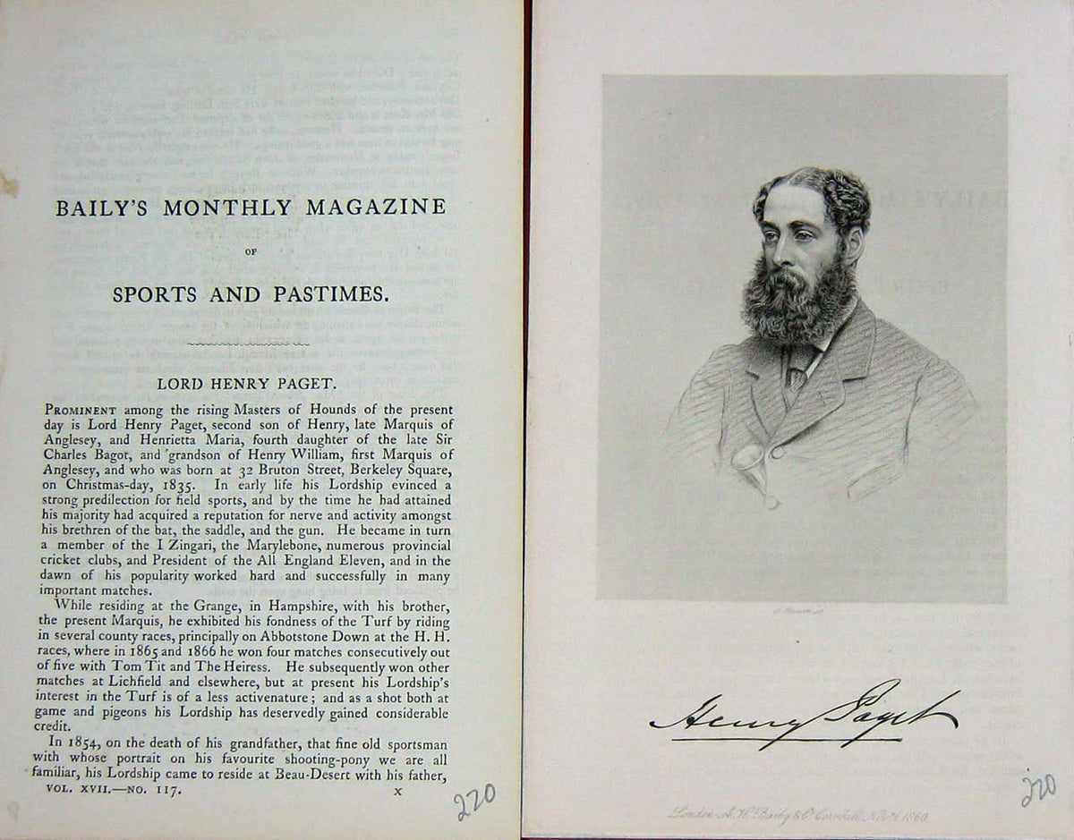 Original Old Antique Print 1870 Portrait Lord Henry Paget Master Hounds 19th