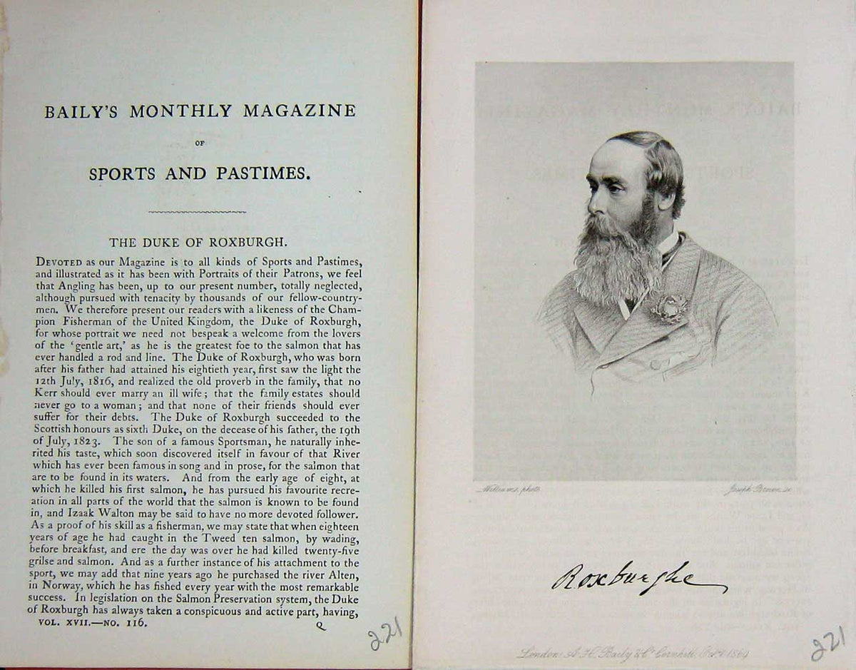 Original Old Antique Print 1870 Portrait Duke Roxburgh Angling Sportsman 19th