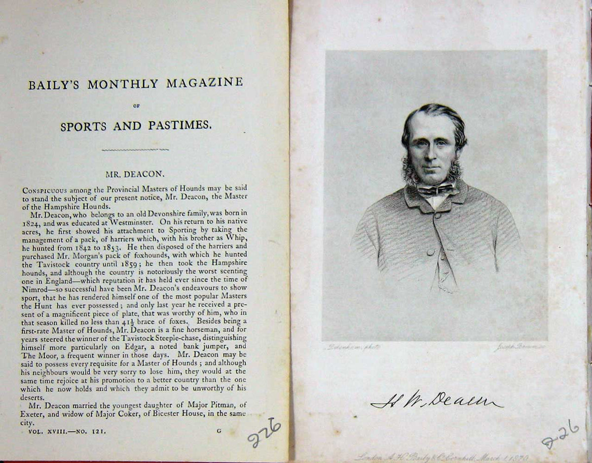 Original Old Antique Print 1870 Portrait Mr Deacon Master Hounds Sport 19th