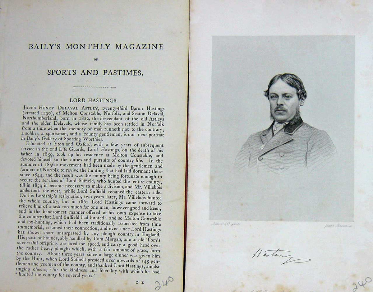 Original Old Antique Print 1871 Portrait Lord Hastings Jacob Astley Sport 19th