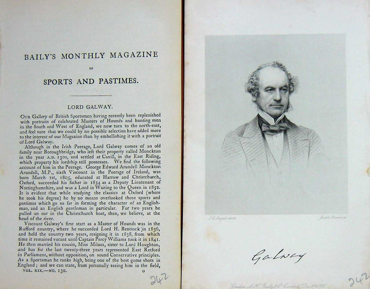 Original Old Antique Print 1871 Portrait Lord Galway British Sportsman 19th