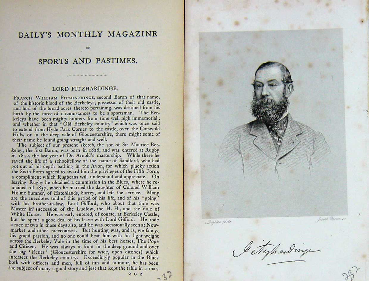 Original Old Antique Print 1872 Portrait Lord Fitzhardinge Sportsman Victorian