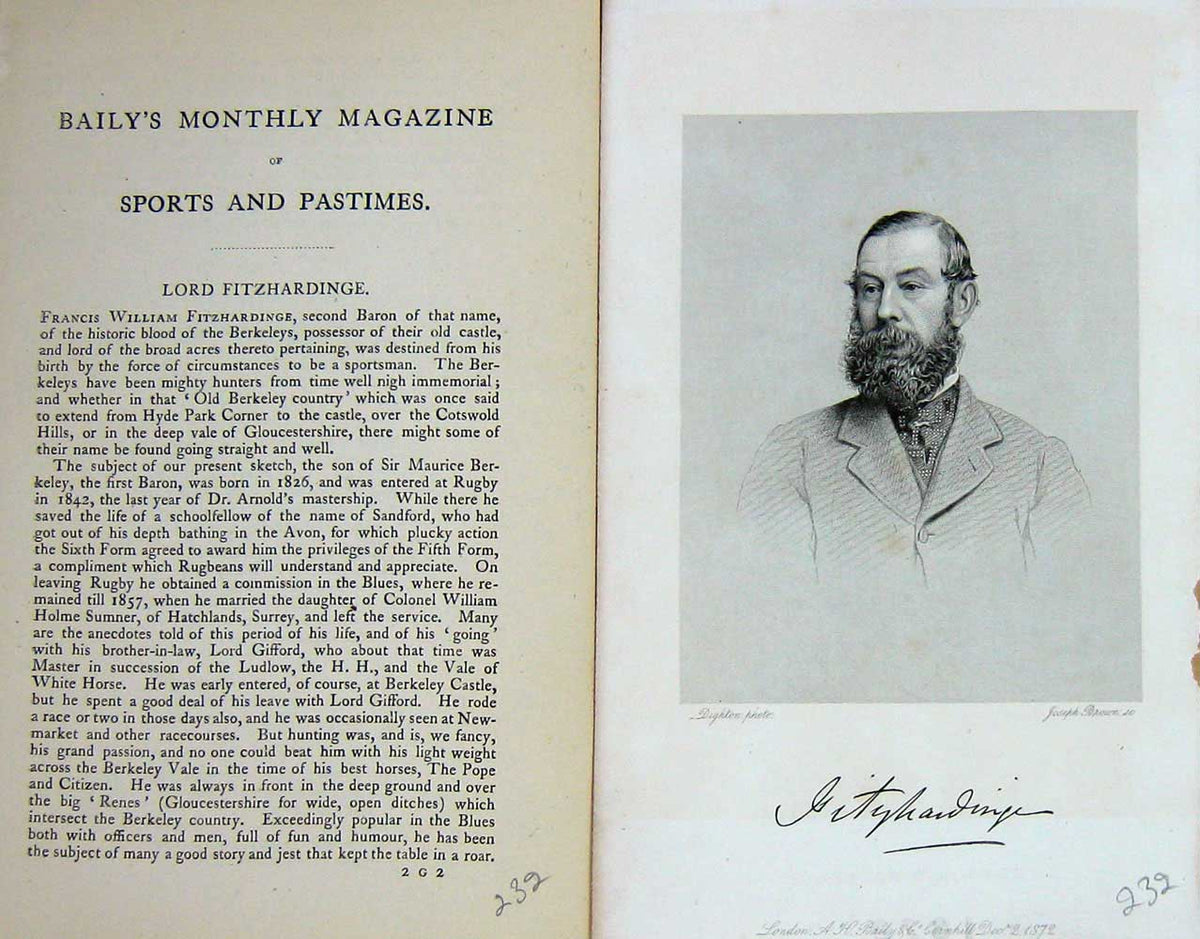 Original Old Antique Print Ref.731 1872 Portrait Lord Fitzhardinge Sportsman