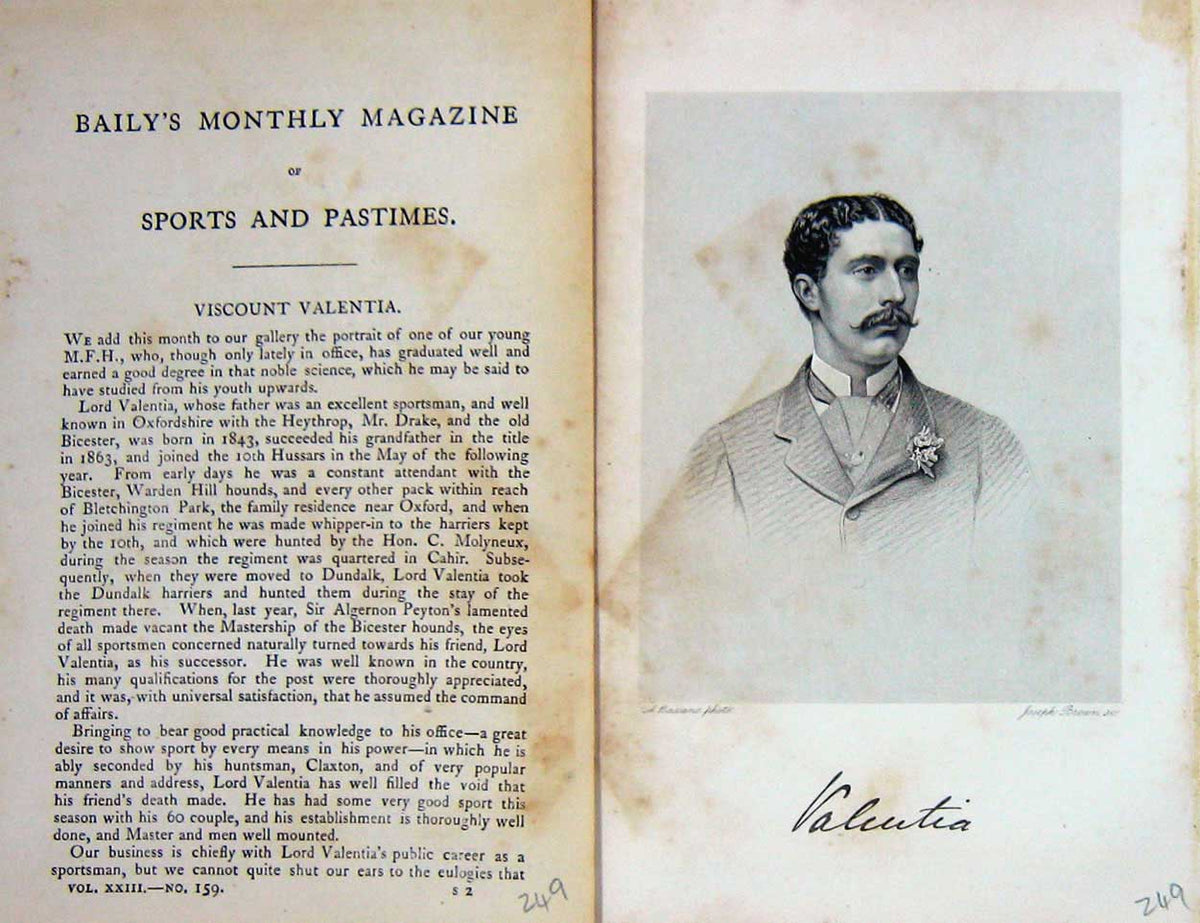 Original Old Antique Print 1873 Portrait Viscount Valentia Master Hunt 19th