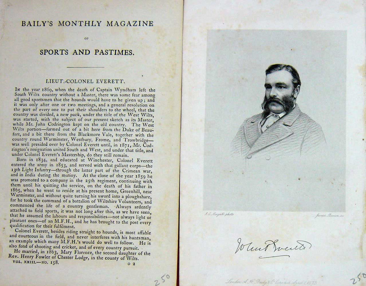 Original Old Antique Print 1873 Portrait Lieut-Colonel Everett Master Hunt 19th