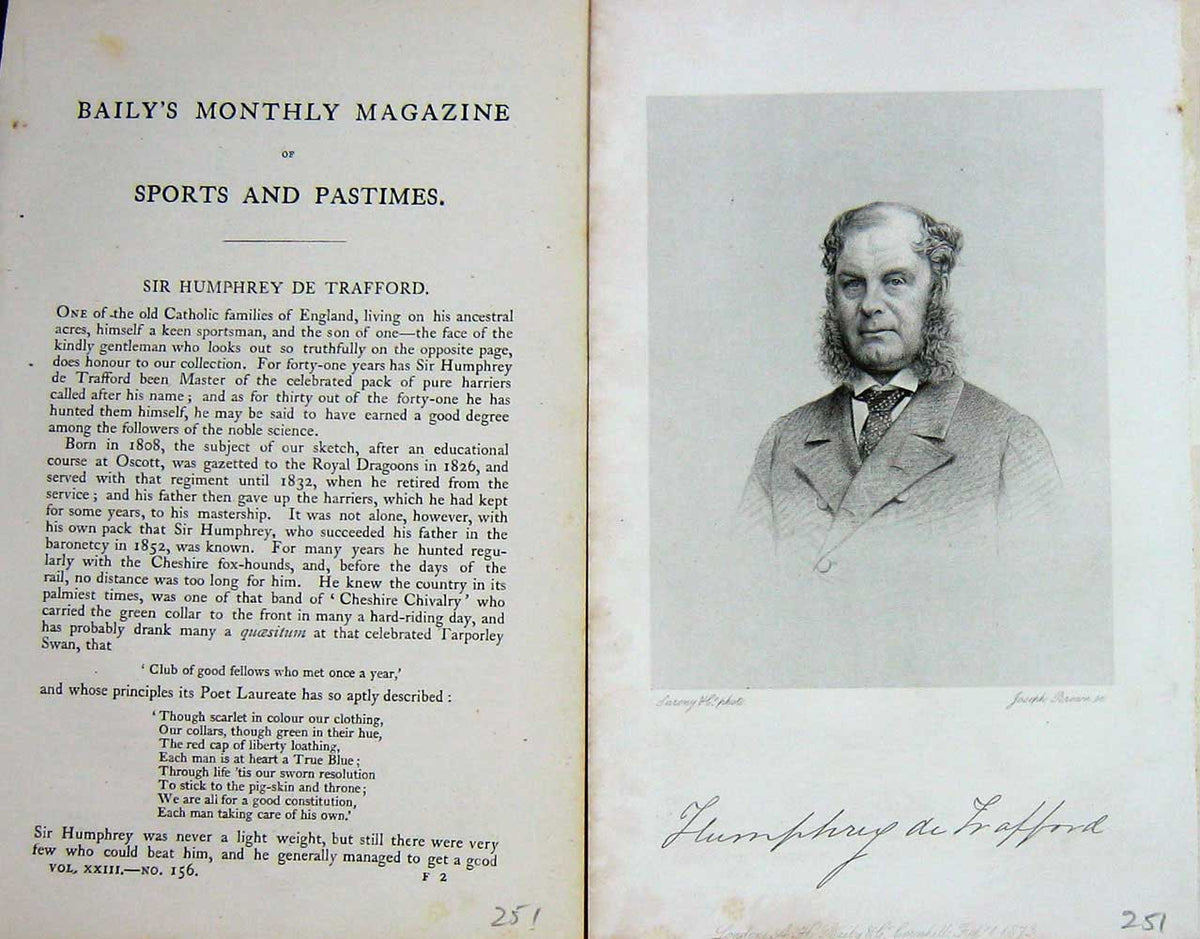 Original Old Antique Print 1873 Portrait Sir Humphrey Trafford Sportsman 19th