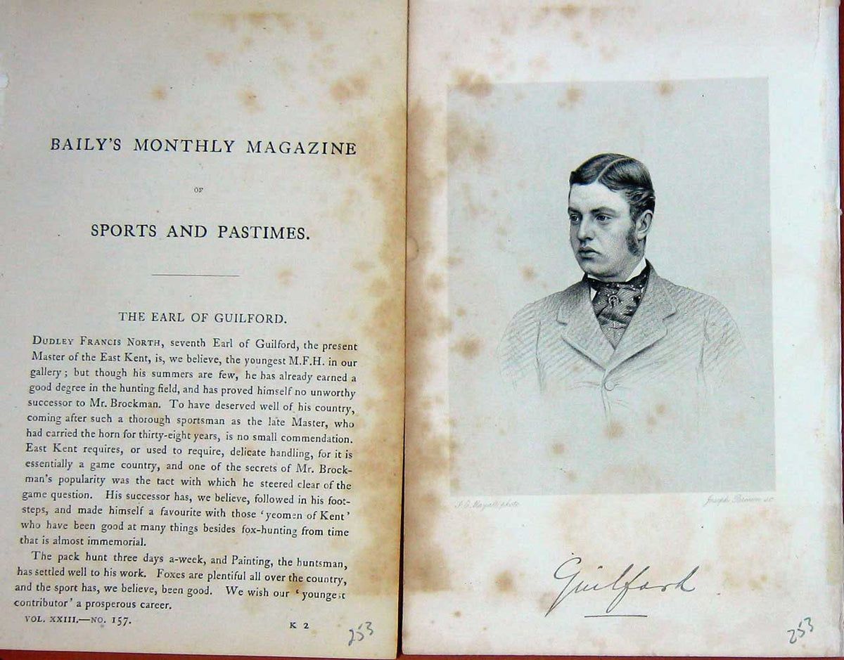 Original Old Antique Print 1873 Portrait Earl Guildford Dudley Francis North