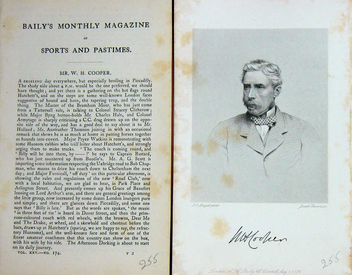 Original Old Antique Print 1874 Portrait Mr W. H. Cooper Bramham Master 19th