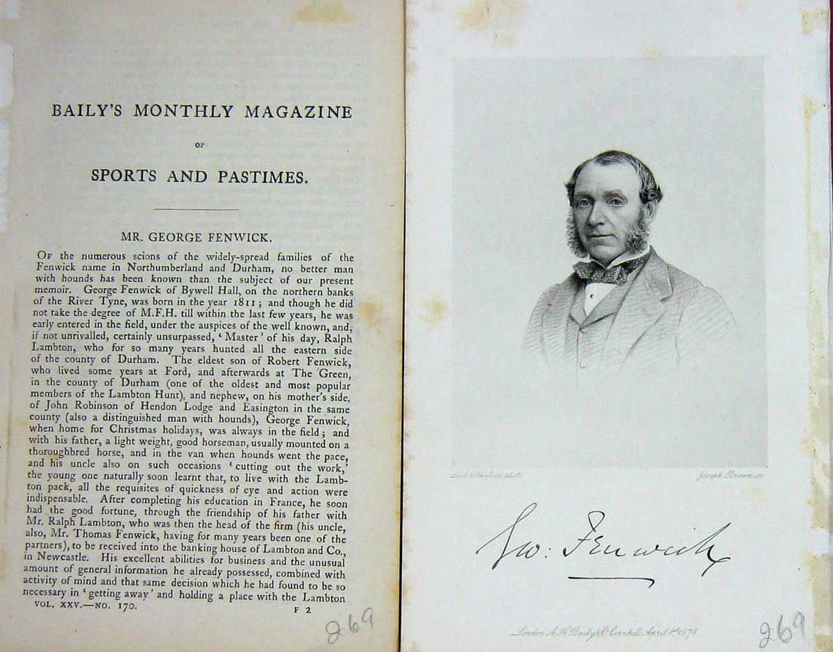 Original Old Antique Print 1874 Portrait Mr George Fenwick Hunting Sport 19th