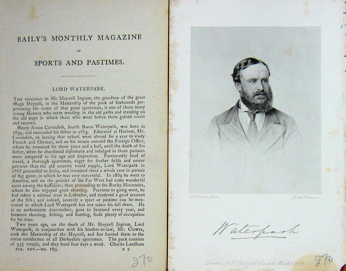 Original Old Antique Print 1874 Portrait Lord Waterpark Master Hounds Victorian
