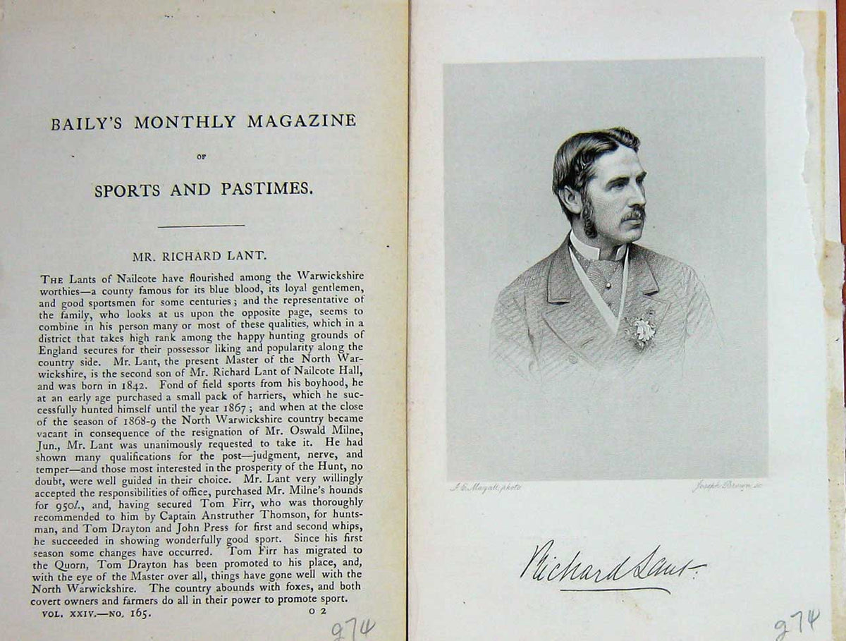 Original Old Antique Print 1874 Portrait Sir Richard Lant Warwickshire 19th
