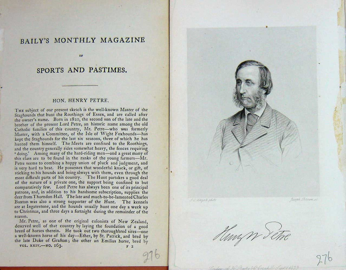 Original Old Antique Print 1874 Portrait Hon. Hery Petre Master Staghounds 19th