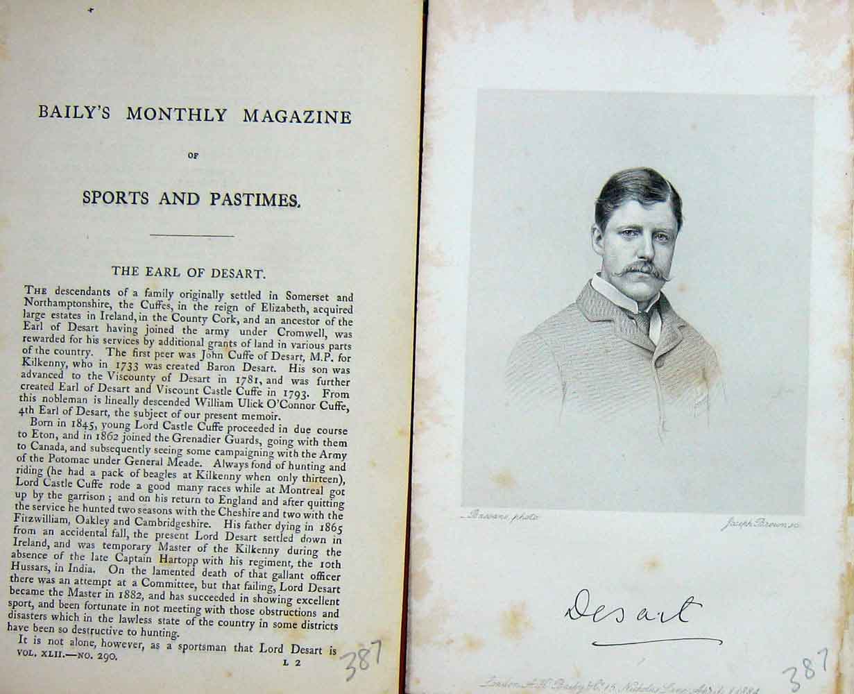Original Old Antique Print Earl Desart Lord Castle Cuffe Portrait 1884 19th
