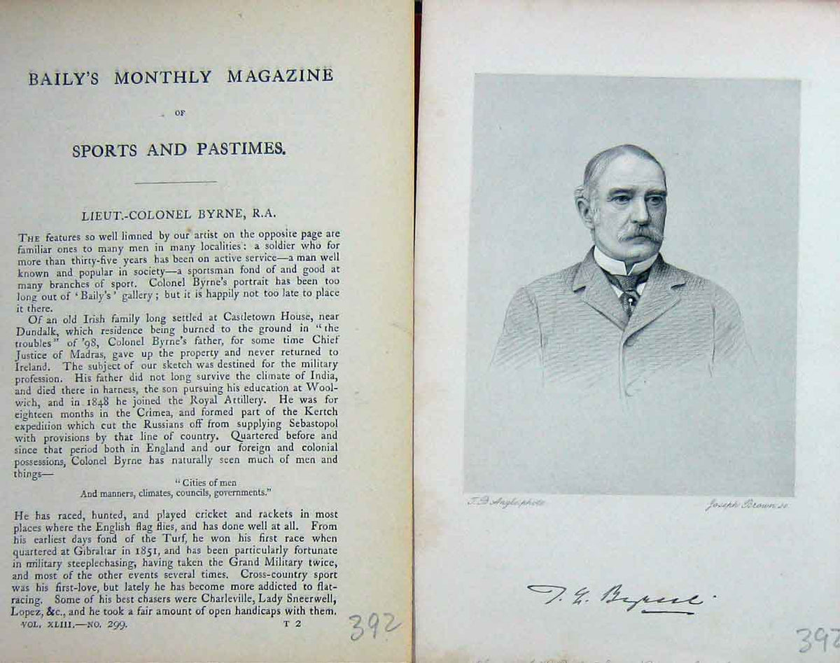 Original Old Antique Print Lieut-Colonel Byrne R.A. Sport Portrait 1885 19th