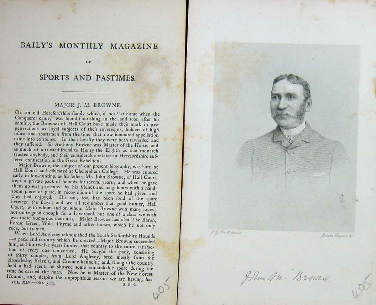 Original Old Antique Print Portrait Major Browne Huntsman Sport 1886 Victorian